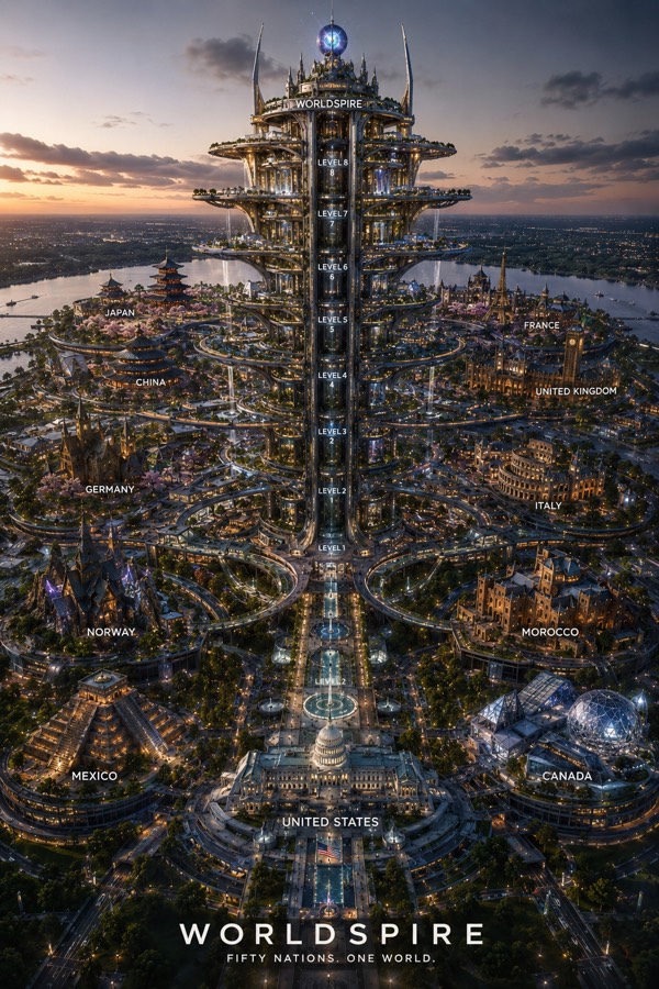 WorldSpire sci-fi universe canon key art